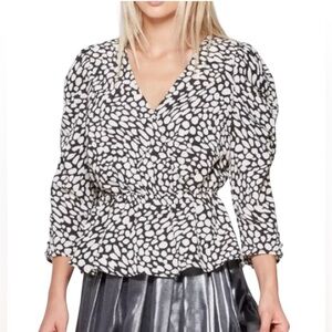 Who What Wear Black White Leopard Print Wrap V-Neck Long Sleeve Ruffle Sz M